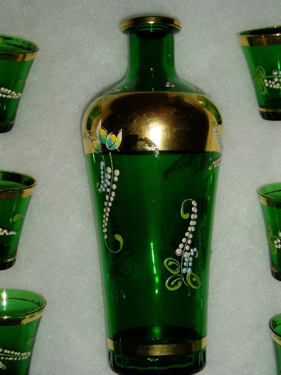 Vintage Decanter Shot Glass Drinking Set, Italian Enameled Gilded Glass