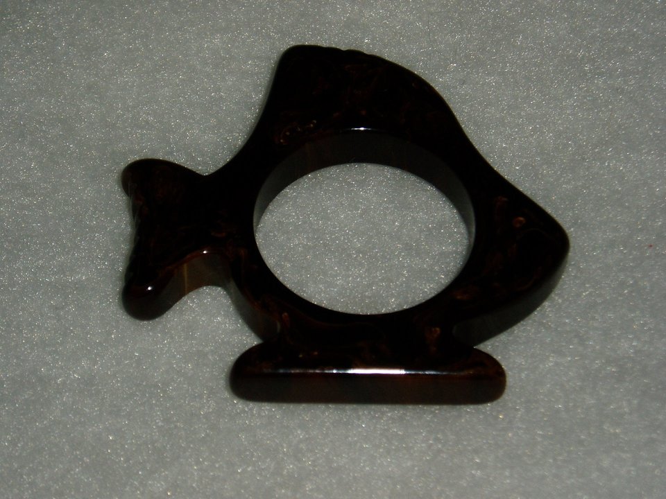 Vintage Bakelite Napkin Ring, Fish, Brown Gold Marbled, Tested