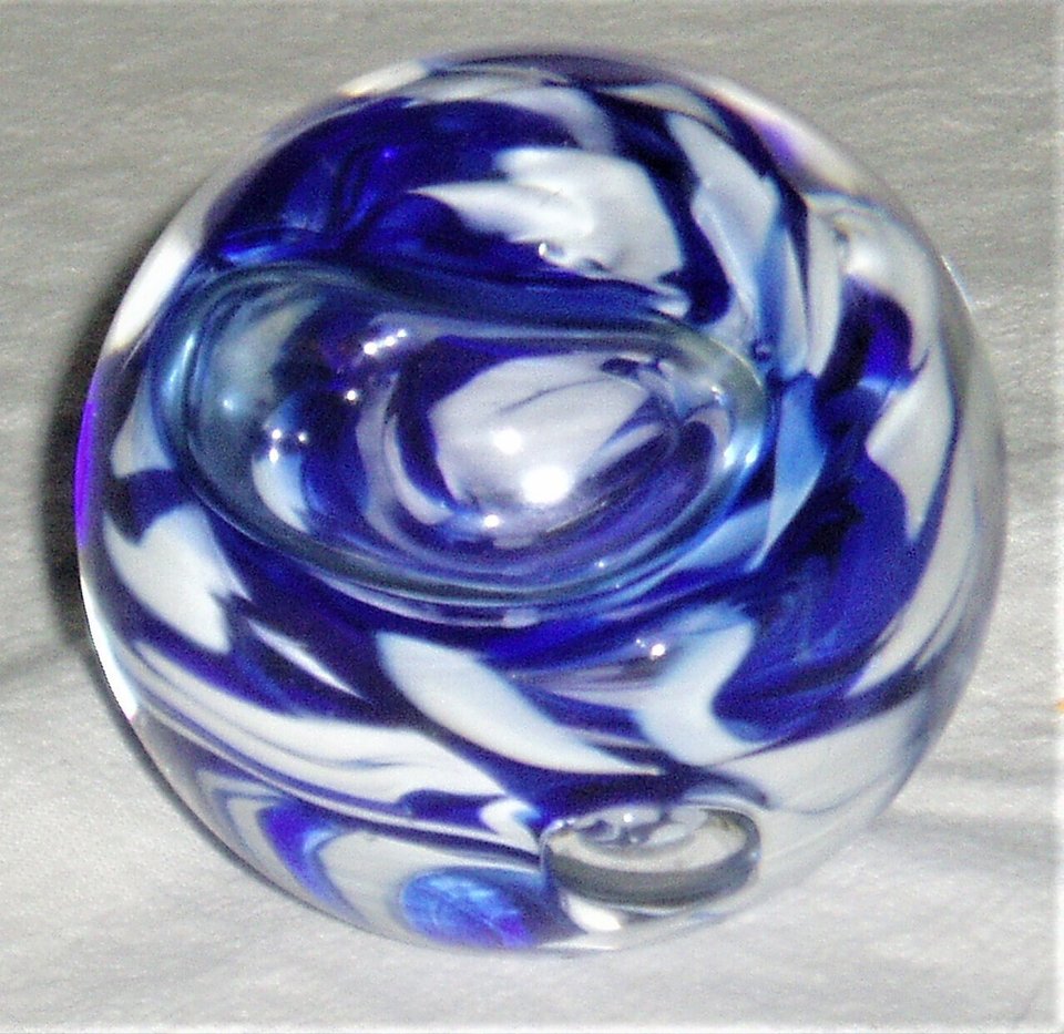 Signed Paperweight, Jim Karg, Blue White