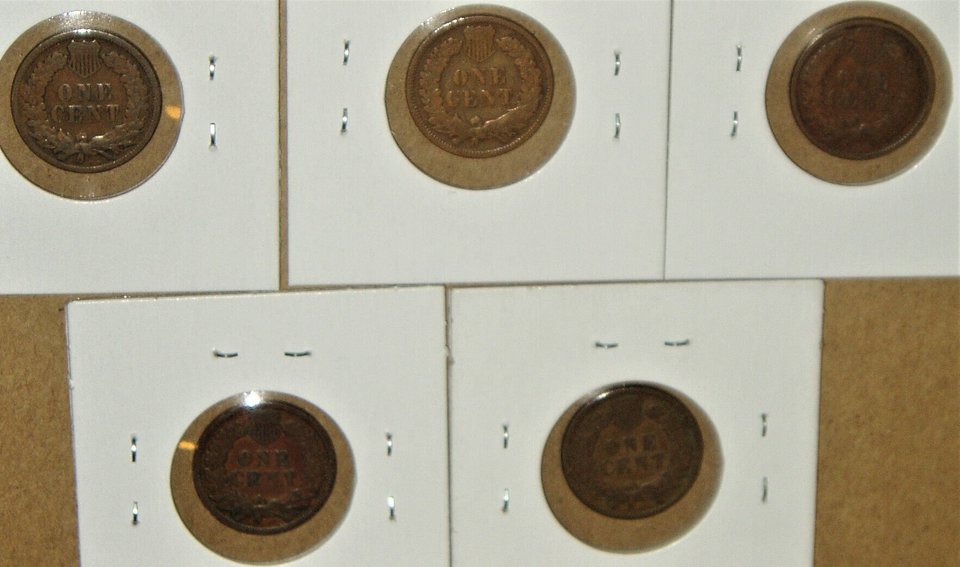 Indian Head Pennies, 5 Different Dates, Grade = Good, Group #2