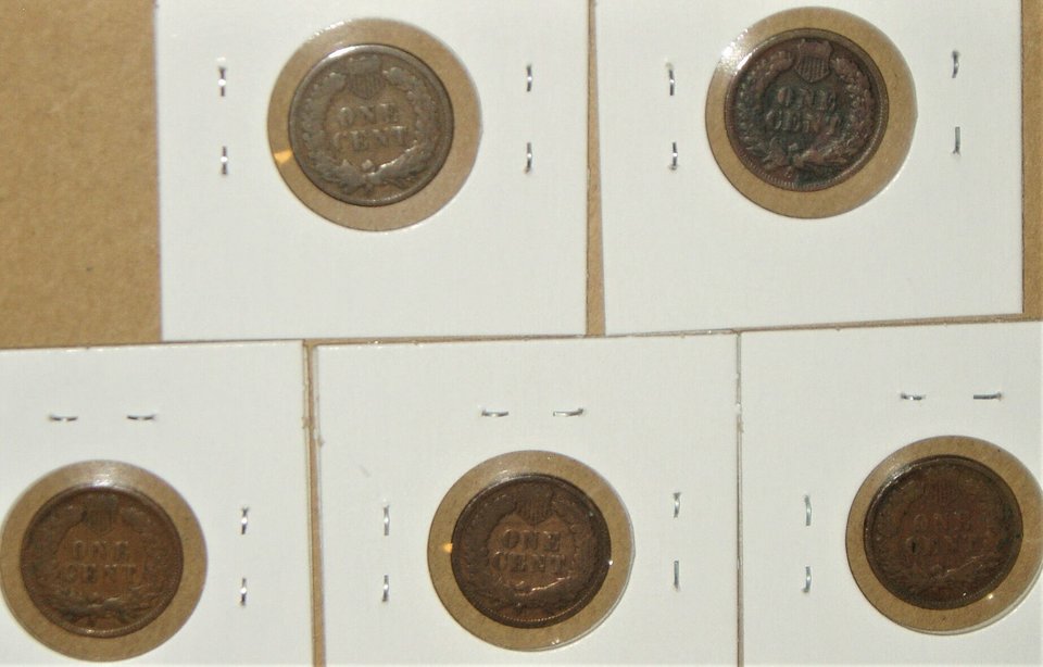Indian Head Pennies, 5 Different Dates, Grade = Good, Group #1
