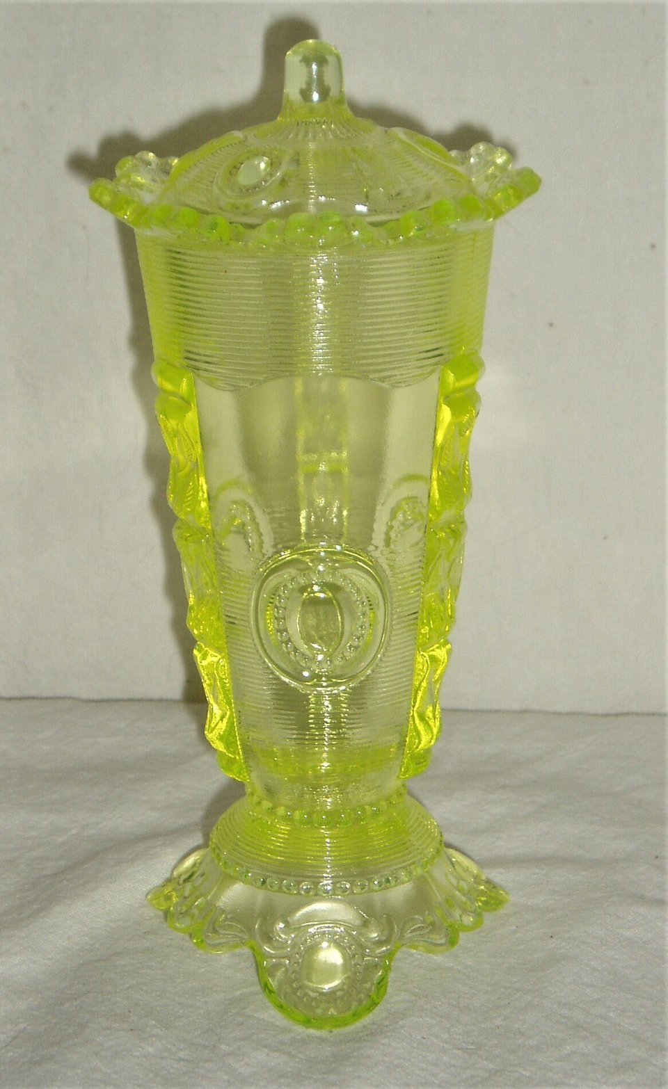 Dewey Parfait, Vaseline Uranium Canary Glass, Greentown