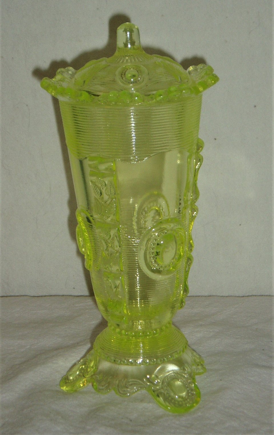 Dewey Parfait, Vaseline Uranium Canary Glass, Greentown