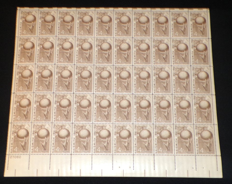 Mint 4c Stamp Sheet, Basketball James Naismith, Scott Catalog #1187 x 50 Stamps