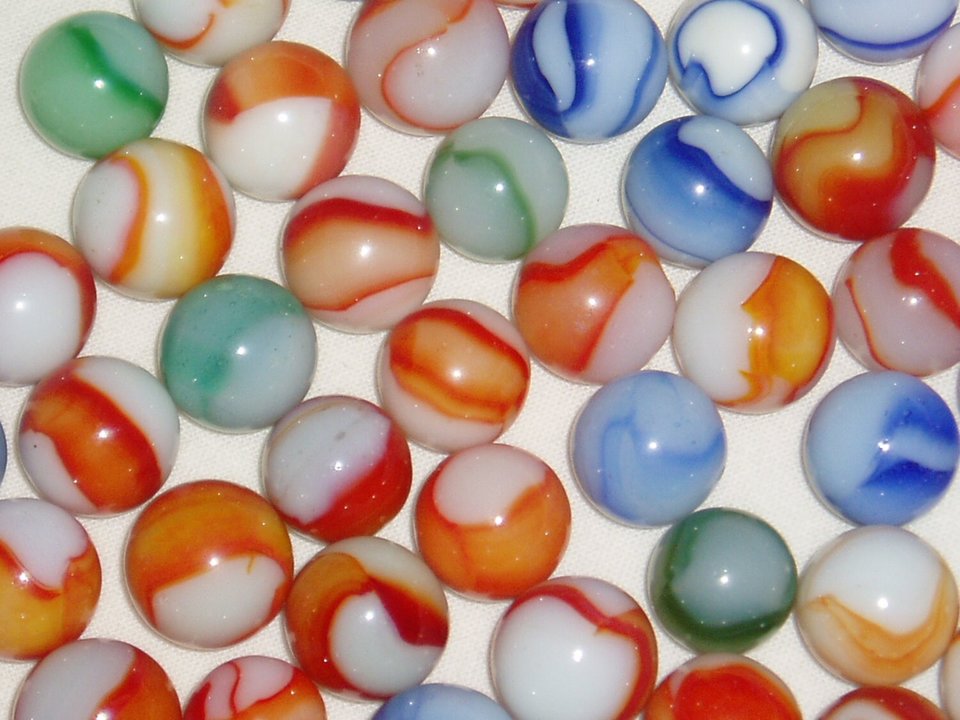 Peltier Marbles, Peltier Rainbo Baseball and Bloodies Types x 30, Mint