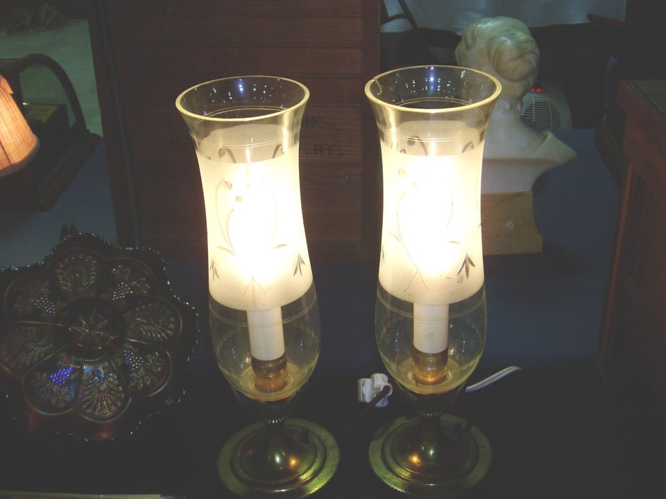 Art Deco Fireplace Mantle Lamps, Brass Tulip and Etched Glass