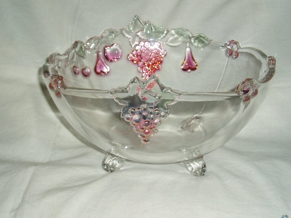 Footed Crystal Fruit Bowl, Raised Colored Fruit Accents