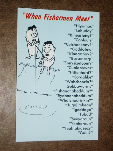 Humorous Fishing Postcard, "When Fishermen Meet"