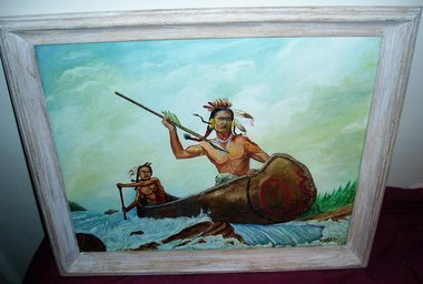 Original Vintage Oil Painting, Donald Becken, Indian Canoe, 16 x 20