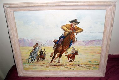 Original Vintage Oil Painting, Donald Becken, Indian Chase, 16 x 20
