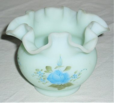 Fenton Rose Bowl, Blue Roses on Blue Satin Glass, 1978-83