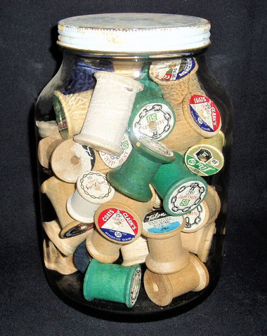 Vintage Glass Jar of Spools, Gallon Size, Metal Lid