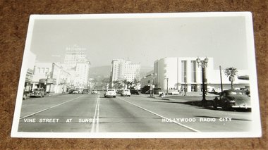 Vintage RPPC Postcard,  Vine Street at Sunset, Hollywood Radio City, 2nd Card Ships Free