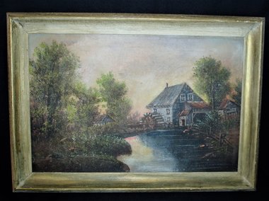 Antique Framed Painting, Old Mill, Signed