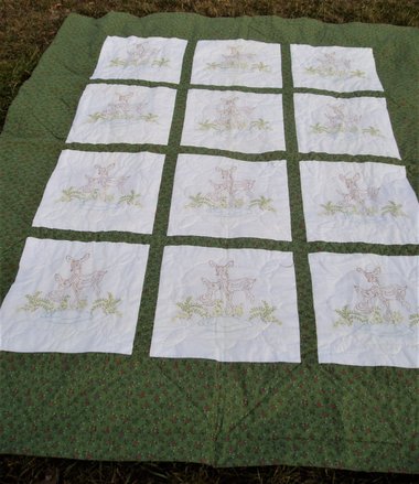 Vintage Quilt Handsewn Handstitched, Embroidered Doe/Fawn Panels