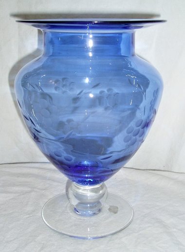 Tiffin Glass Co. Etched Vase, FTD Sticker, Blue