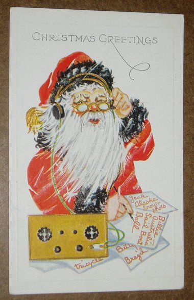 Postcard, Santa with Earphones, Writing Lists