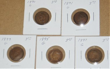 Indian Head Pennies, 5 Different Dates, Grade = Good, Group #2