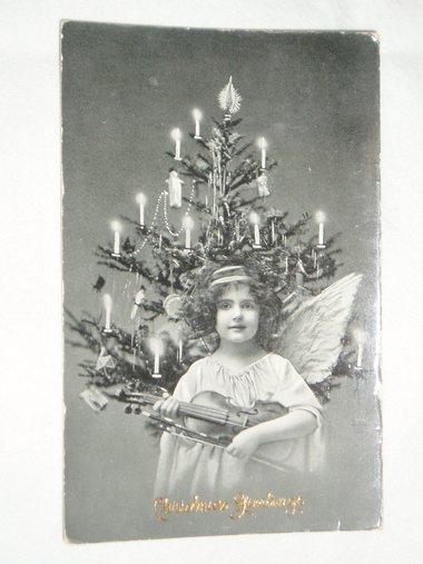 Postcard, RPPC, Real Photo Child Angel, Violin, and Candle Tree, 1914