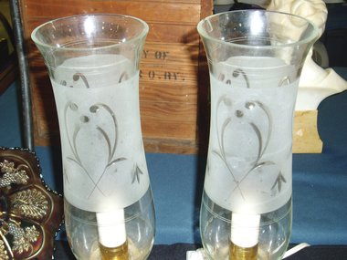 Art Deco Fireplace Mantle Lamps, Brass Tulip and Etched Glass