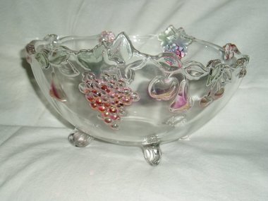 Footed Crystal Fruit Bowl, Raised Colored Fruit Accents